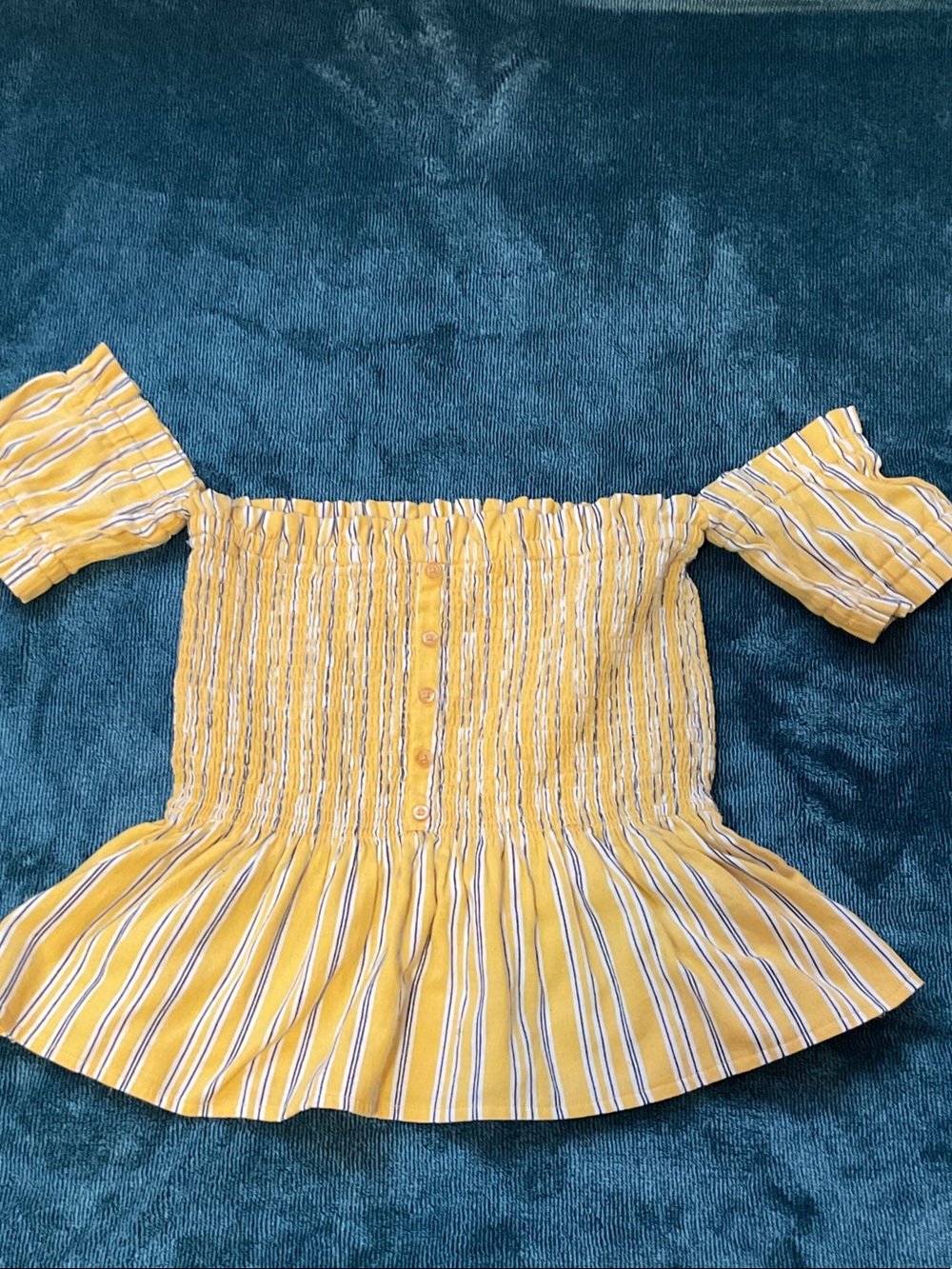 Haute Monde Yellow Striped Off-Shoulder Smocked Peplum Top